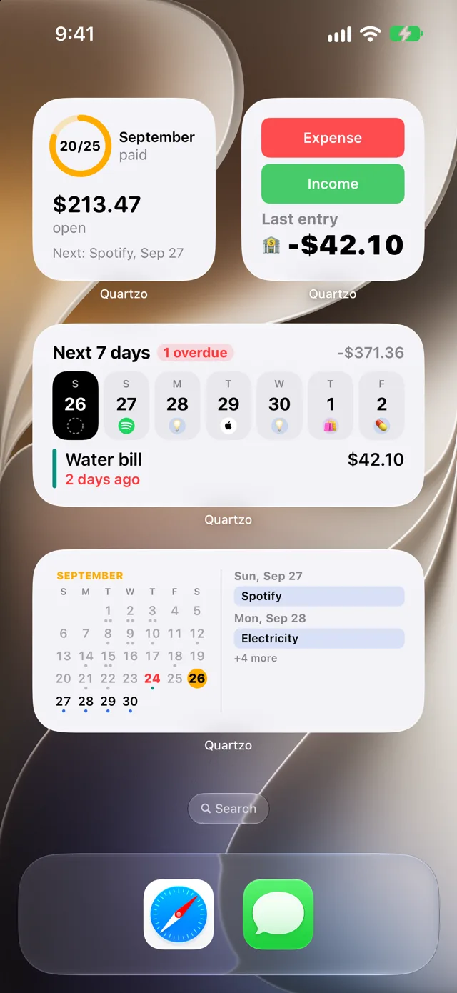 Quartzo widgets on the Home Screen: month summary, quick entry, next 7 days and bills calendar
