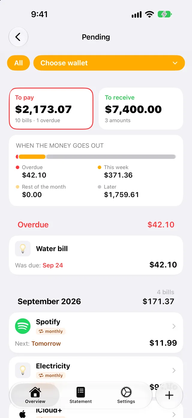 Quartzo pending screen with bills to pay grouped by due date