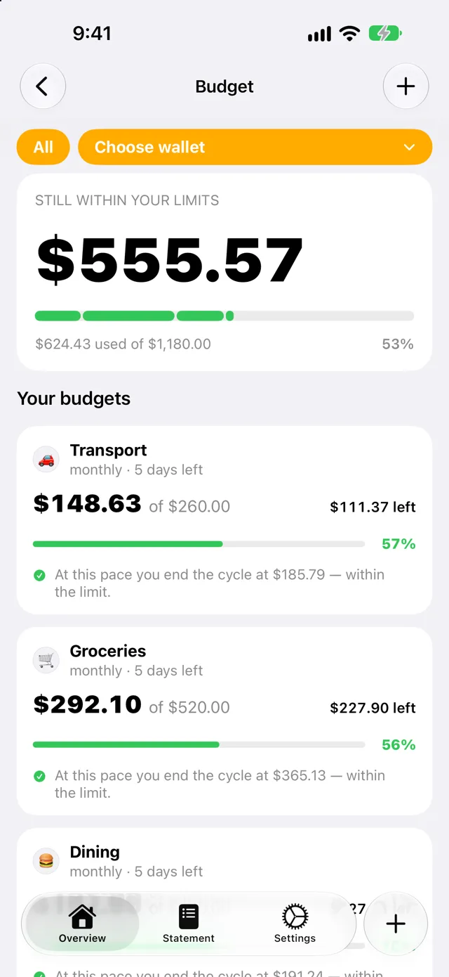 Quartzo budgets with progress per category and an end-of-cycle forecast