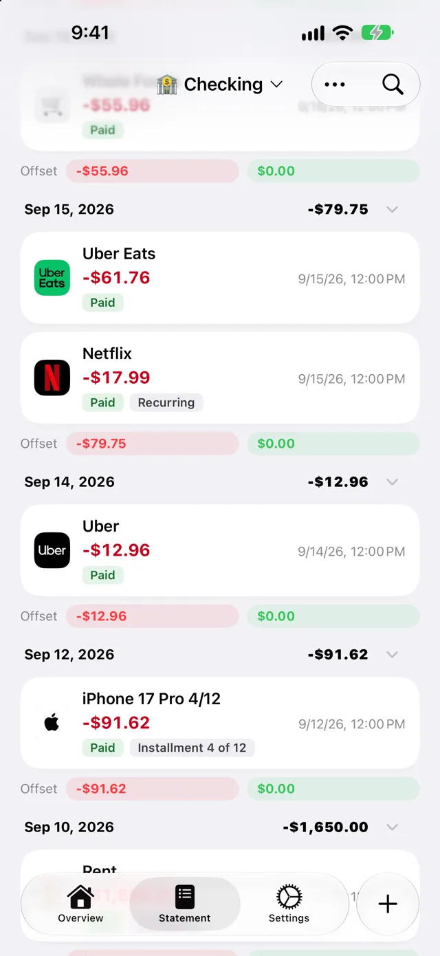 Quartzo statement listing transactions with company logos