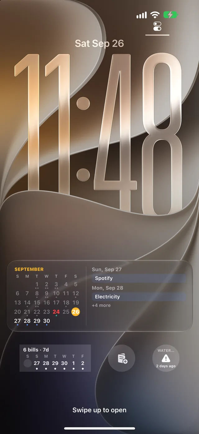 Quartzo bills calendar and widgets on the Lock Screen