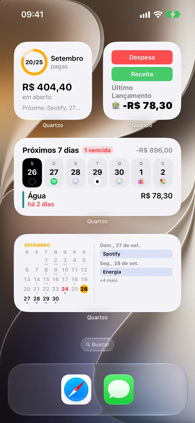 Widgets do Quartzo na Tela de Início: resumo do mês, lançamento rápido, próximos 7 dias e calendário de contas