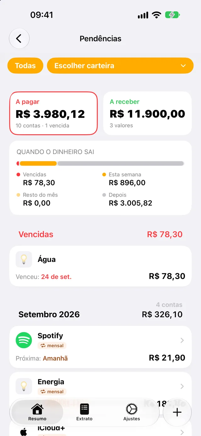 Tela de pendentes do Quartzo com contas a pagar agrupadas por vencimento