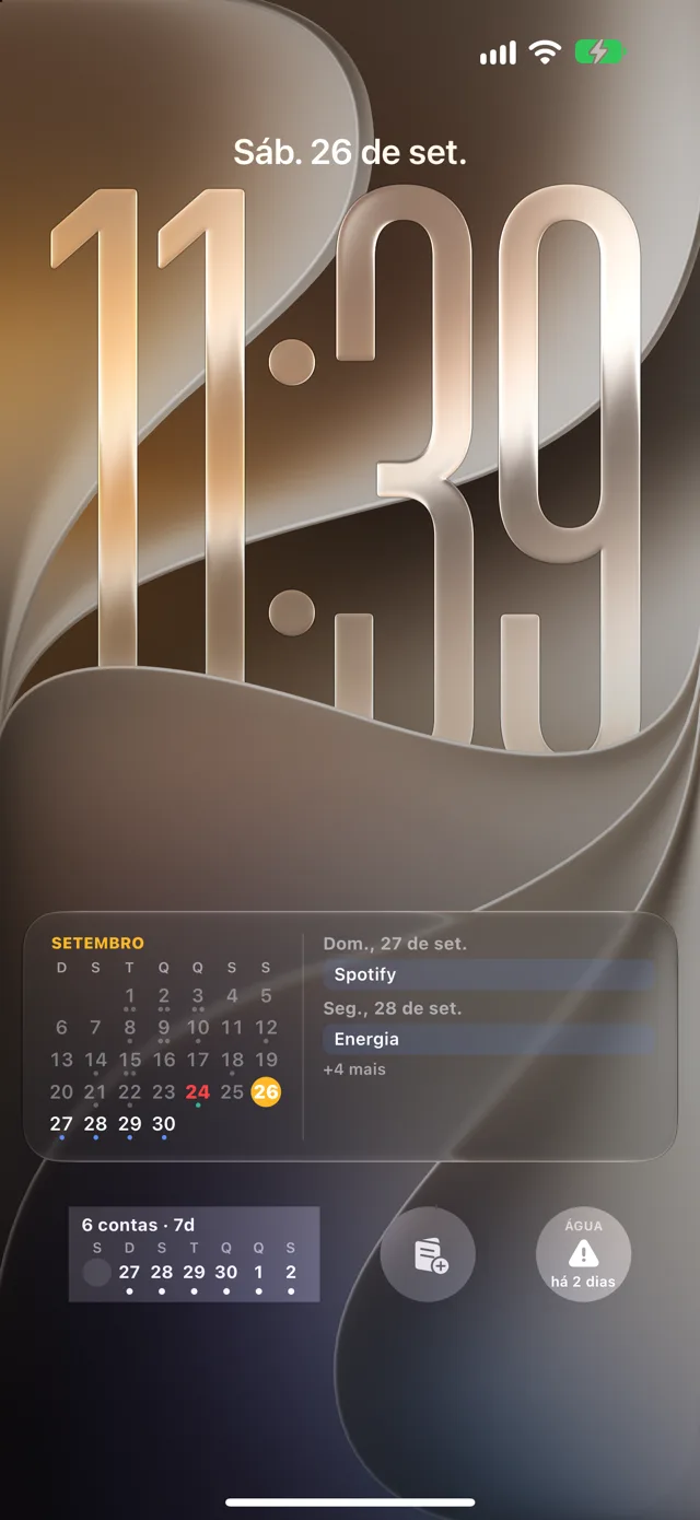 Calendário de contas e widgets do Quartzo na Tela Bloqueada